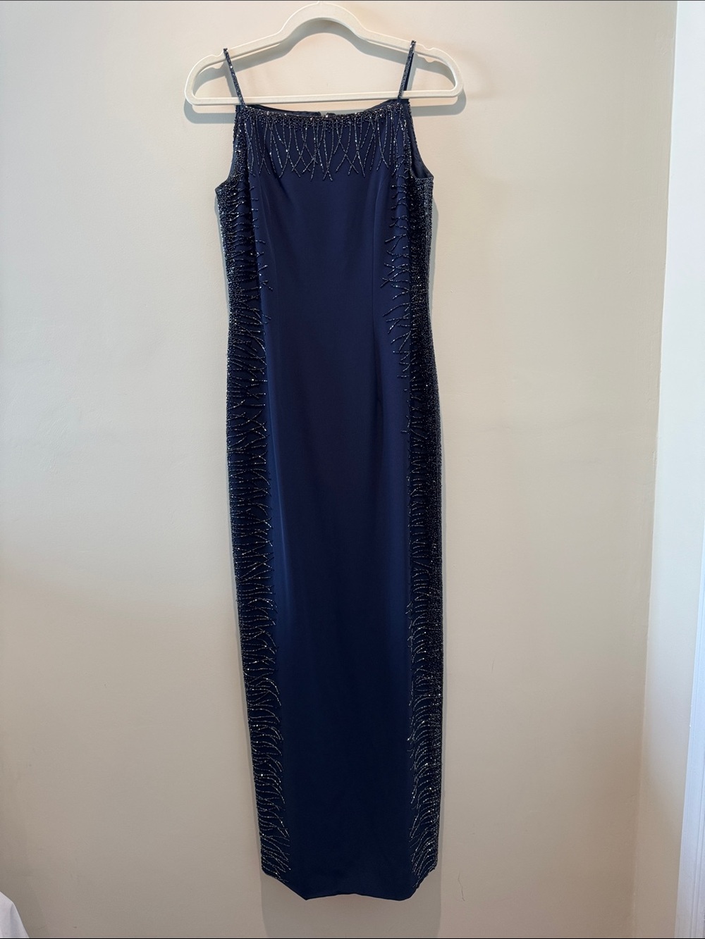 Vintage Elegant Navy Beaded Spaghetti-Strap Evening Dress
